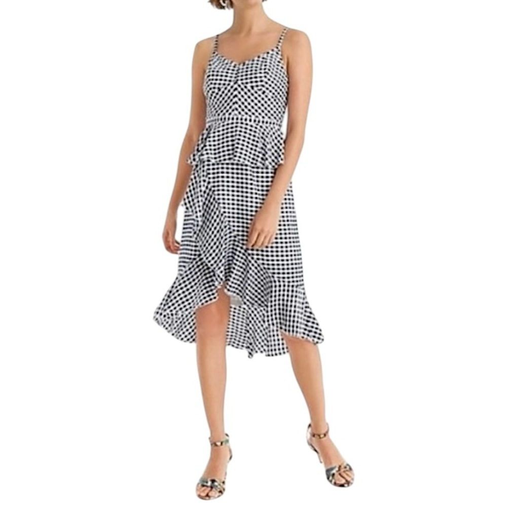 J. Crew Silk Gingham Spaghetti Strap Ruffle Tiered Midi Dress Blue White Size 4